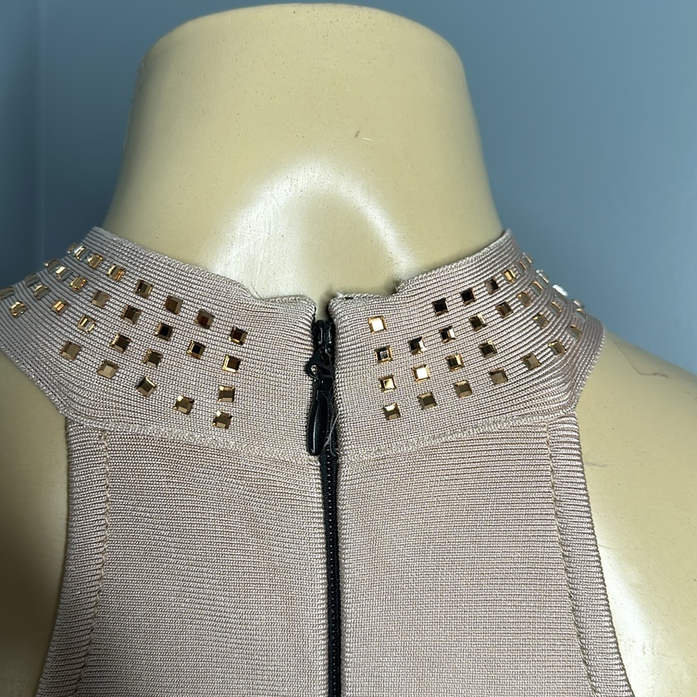 Tan&black midi bodycon dress, crystal embellished sleeveless size XS - Picture 10 of 11